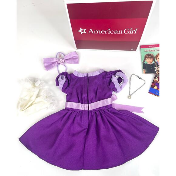 American Girl Emily Doll Holiday Outfit Purple Dress Necklace Bow Socks Card Box - Picture 3 of 9